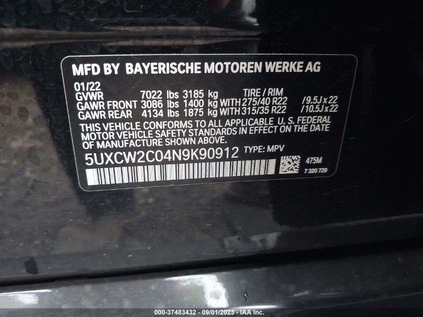 2022 BMW X7 XDRIVE40I 5UXCW2C04N9K90912