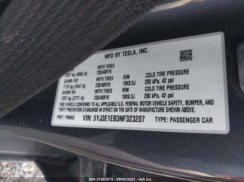 VIN 5YJ3E1EB3NF323207 2022 TESLA MODEL 3 LONG RANGE