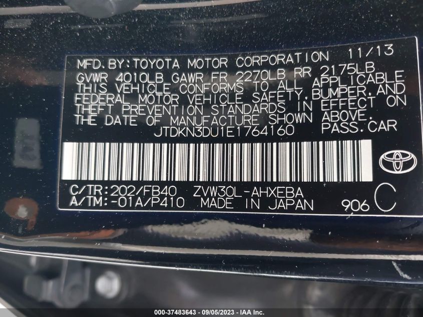 2014 TOYOTA PRIUS FOUR/FIVE/THREE/ONE/TWO - JTDKN3DU1E1764160