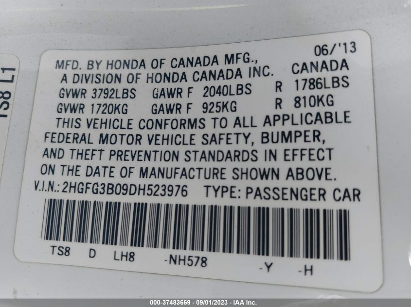 2013 HONDA CIVIC CPE EX-L 2HGFG3B09DH523976