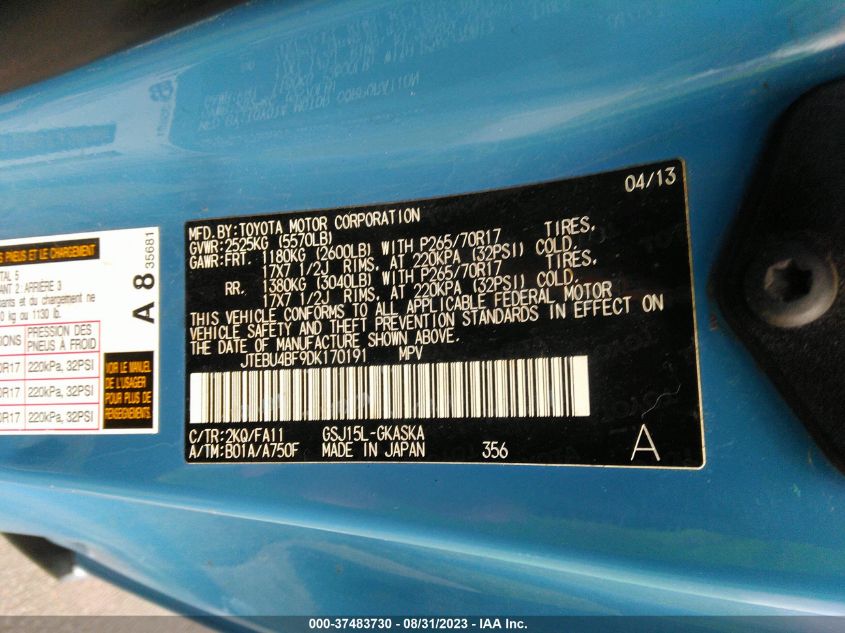 2013 TOYOTA FJ CRUISER JTEBU4BF9DK170191