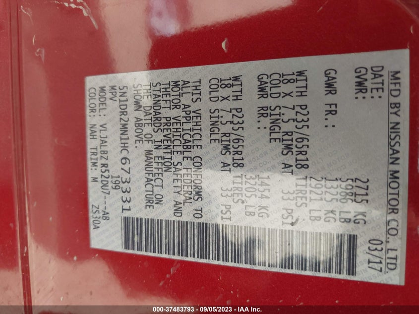 VIN 5N1DR2MN1HC673331 2017 NISSAN PATHFINDER S