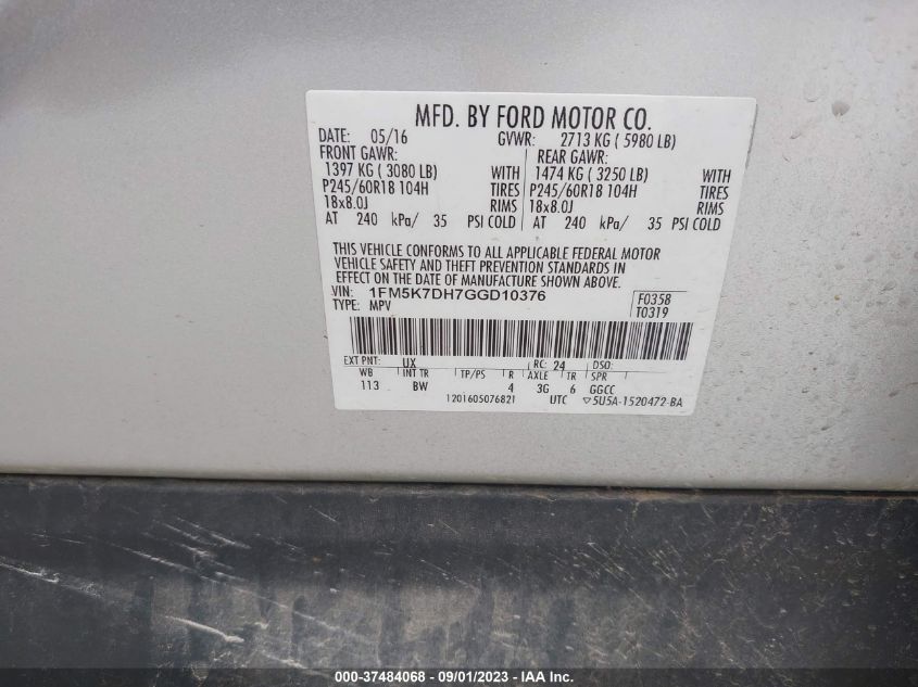 2016 FORD EXPLORER XLT - 1FM5K7DH7GGD10376