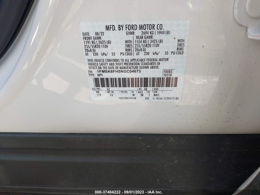 VIN 1FMSK8FH5NGC04673 2022 FORD EXPLORER LIMITED