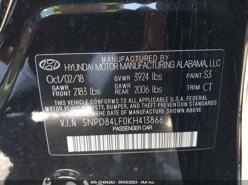 VIN 5NPD84LF0KH413866 2019 HYUNDAI ELANTRA SEL