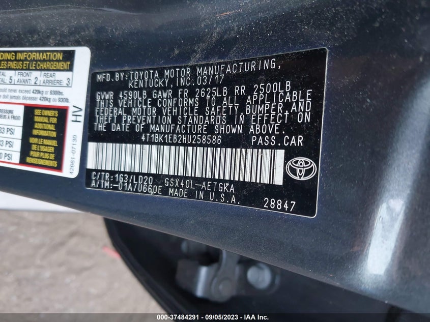 VIN 4T1BK1EB2HU258586 2017 TOYOTA AVALON XLE/XLE PLUS
