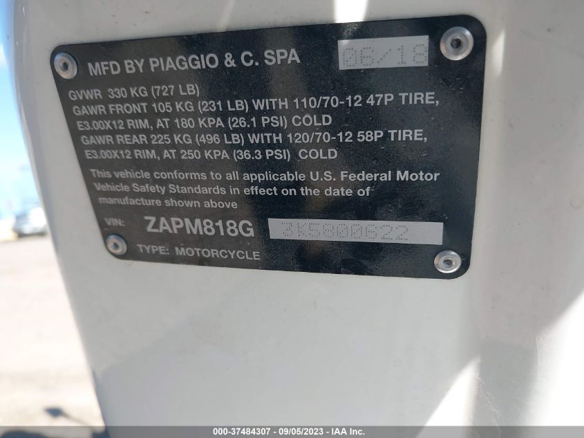 2019 VESPA PRIMAVERA/SPRINT ZAPM818G3K5800622