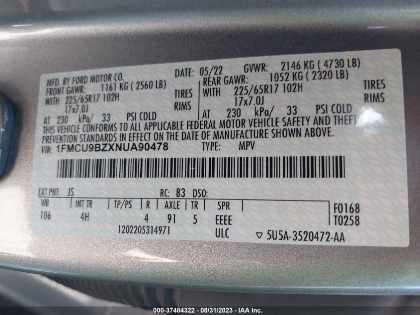 1FMCU9BZXNUA90478 2022 FORD ESCAPE, photo no. 9