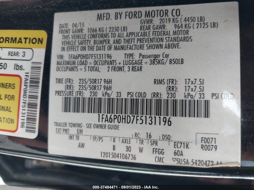 2015 FORD FUSION SE - 1FA6P0HD7F5131196