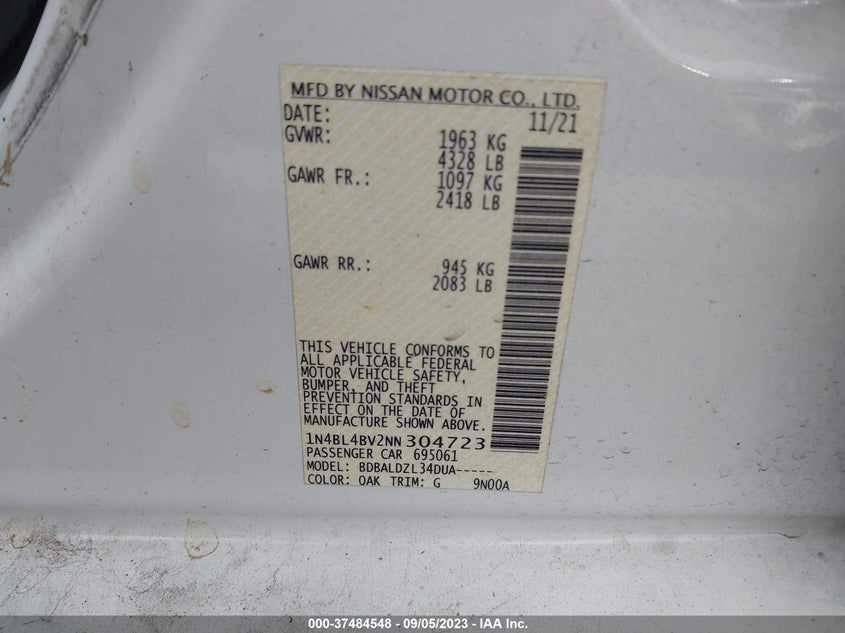 VIN 1N4BL4BV2NN304723 2022 NISSAN ALTIMA 2.5 S