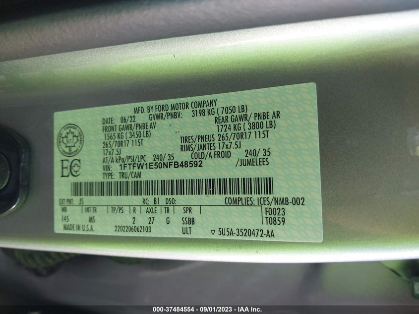 VIN 1FTFW1E50NFB48592 2022 FORD F-150 XL/XLT/LARIAT