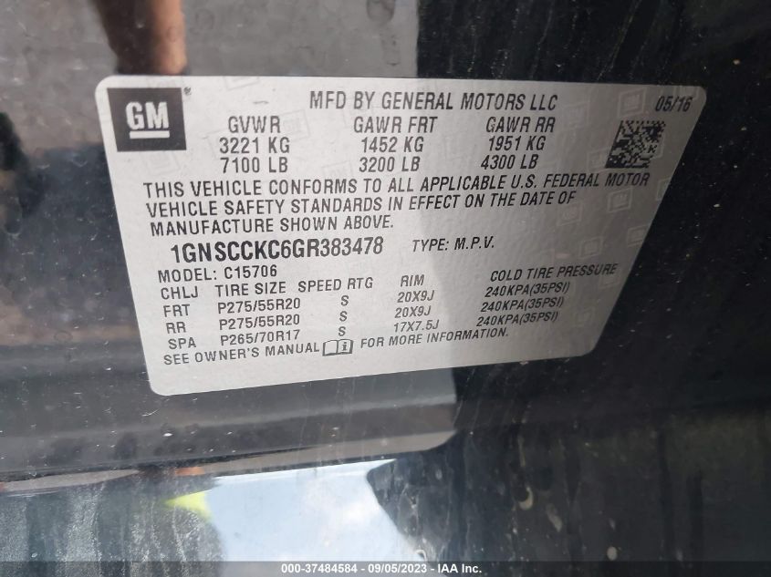 2016 CHEVROLET TAHOE LTZ - 1GNSCCKC6GR383478