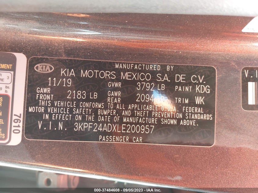 VIN 3KPF24ADXLE200957 2020 KIA FORTE LXS