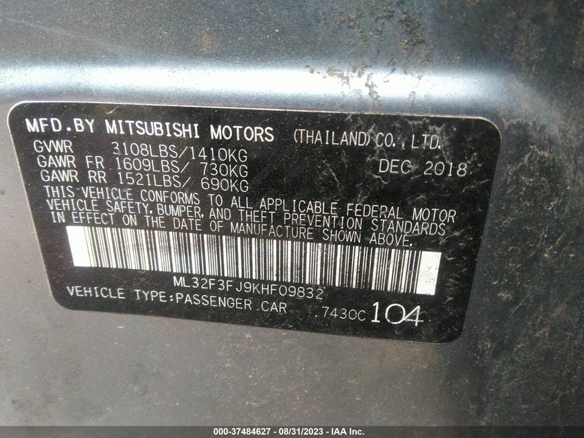 VIN ML32F3FJ9KHF09832 2019 MITSUBISHI MIRAGE G4 ES/RF
