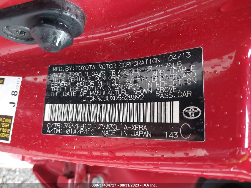 2013 TOYOTA PRIUS ONE/TWO/THREE/FOUR/FIVE - JTDKN3DUXD5628892