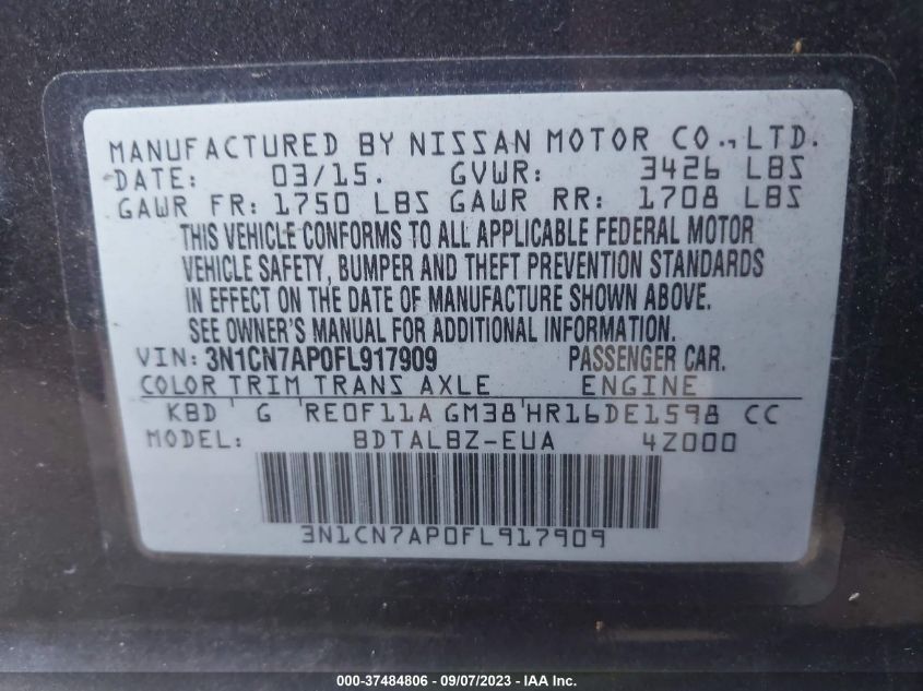 2015 NISSAN VERSA SV - 3N1CN7AP0FL917909