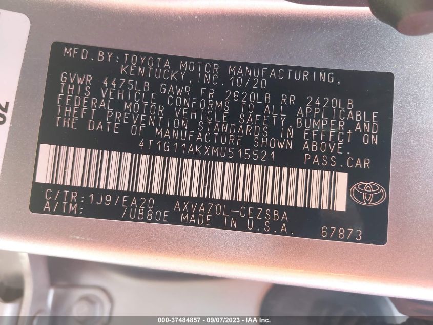 2021 TOYOTA CAMRY SE - 4T1G11AKXMU515521