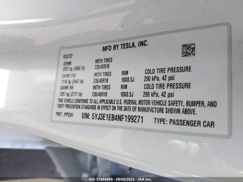 VIN 5YJ3E1EB4NF199271 2022 TESLA MODEL 3 LONG RANGE