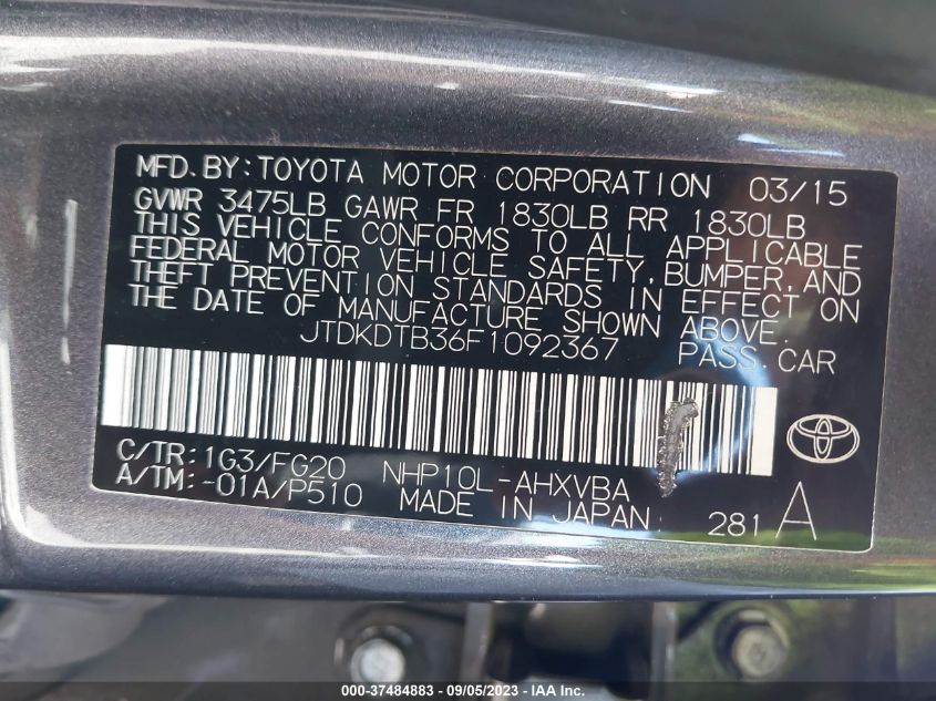 2015 TOYOTA PRIUS C ONE/TWO/THREE/FOUR - JTDKDTB36F1092367