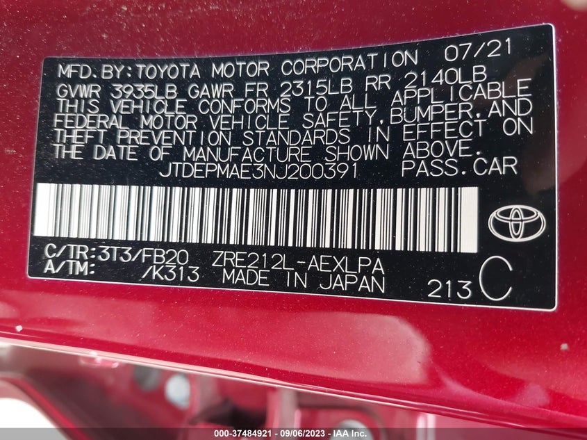 VIN JTDEPMAE3NJ200391 2022 TOYOTA COROLLA LE
