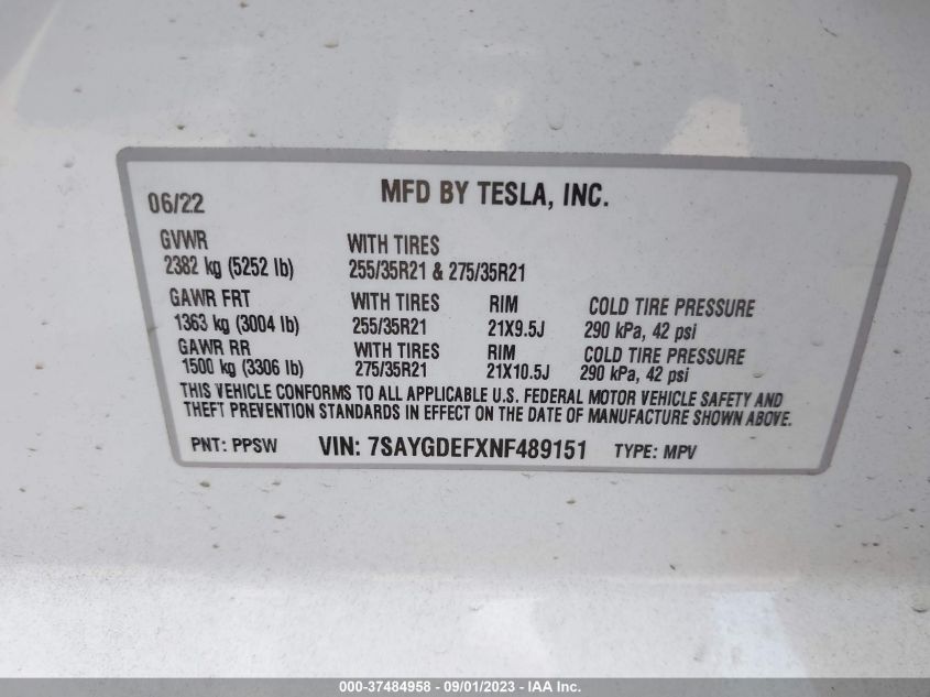 VIN 7SAYGDEFXNF489151 2022 TESLA MODEL Y PERFORMANCE
