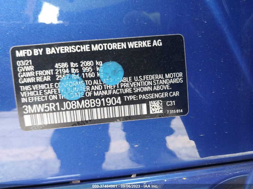 2021 BMW 330I 3MW5R1J08M8B91904