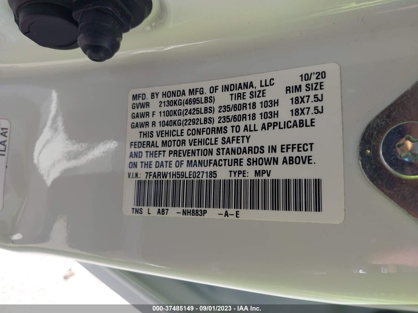 VIN 7FARW1H59LE027185 2020 HONDA CR-V EX