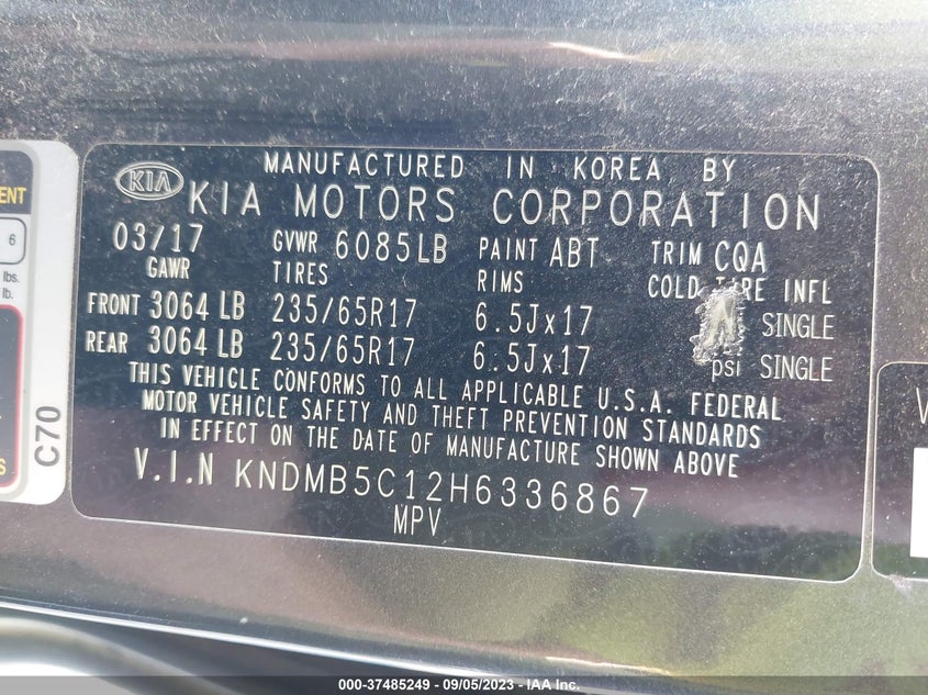 VIN KNDMB5C12H6336867 2017 KIA SEDONA LX