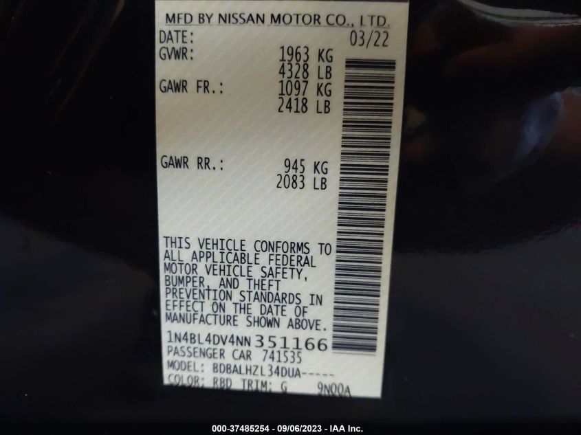 2022 NISSAN ALTIMA 2.5 SV - 1N4BL4DV4NN351166