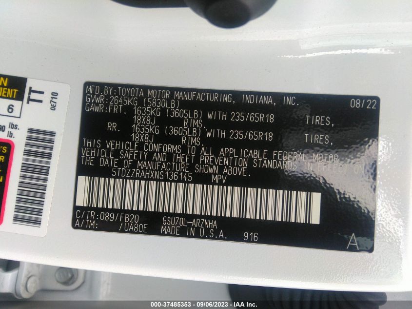 2022 TOYOTA HIGHLANDER LE - 5TDZZRAHXNS136145