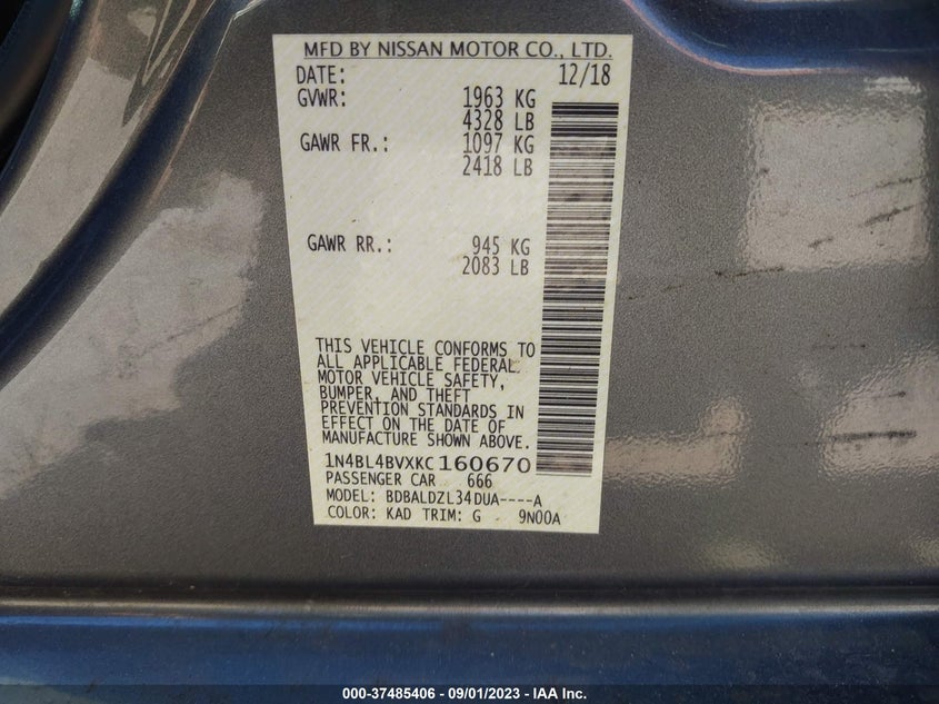 VIN 1N4BL4BVXKC160670 2019 NISSAN ALTIMA S