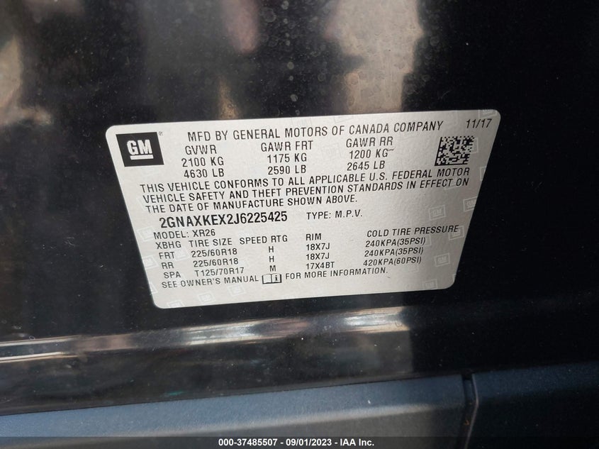 VIN 2GNAXKEX2J6225425 2018 CHEVROLET EQUINOX LT