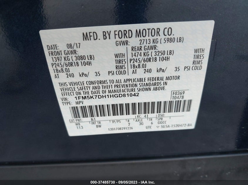 VIN 1FM5K7DH1HGD81042 2017 FORD EXPLORER XLT