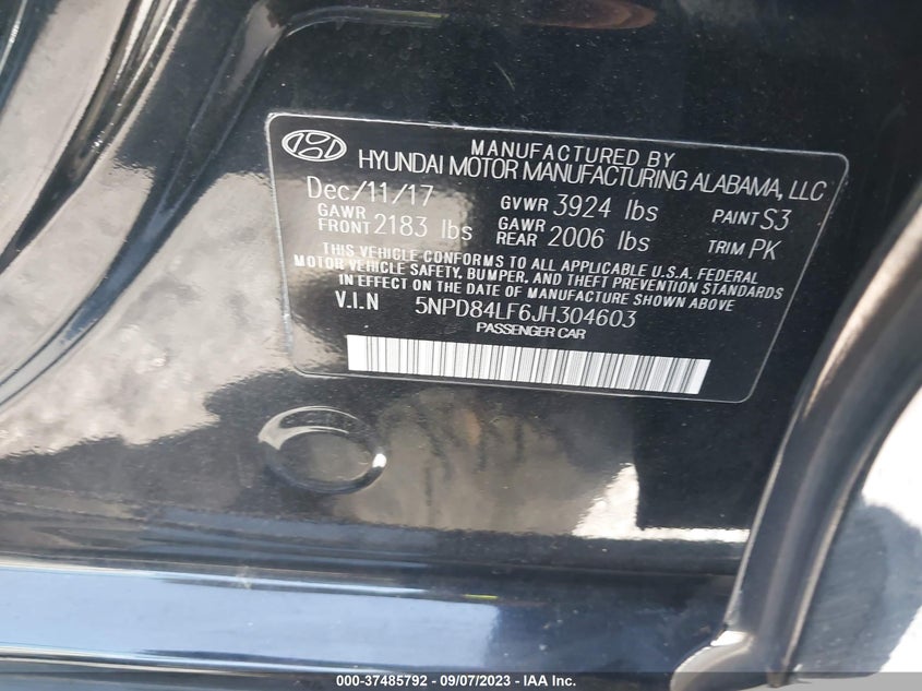 VIN 5NPD84LF6JH304603 2018 HYUNDAI ELANTRA SEL