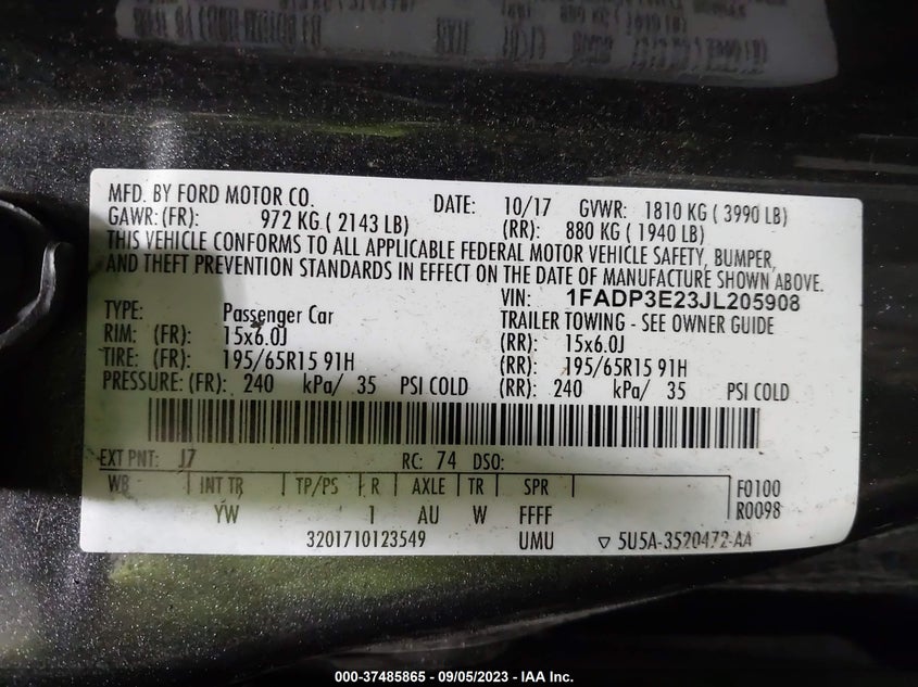 VIN 1FADP3E23JL205908 2018 FORD FOCUS S