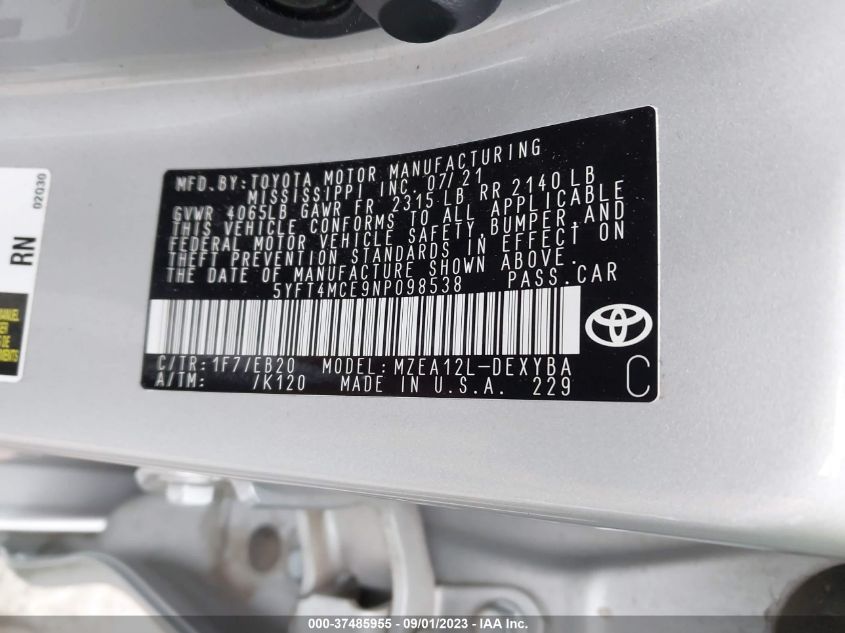 2022 TOYOTA COROLLA XSE/APEX XSE - 5YFT4MCE9NP098538