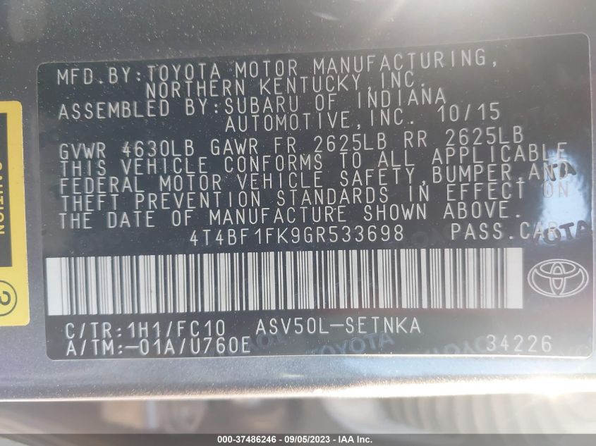 2016 TOYOTA CAMRY XLE/SE/LE/XSE - 4T4BF1FK9GR533698