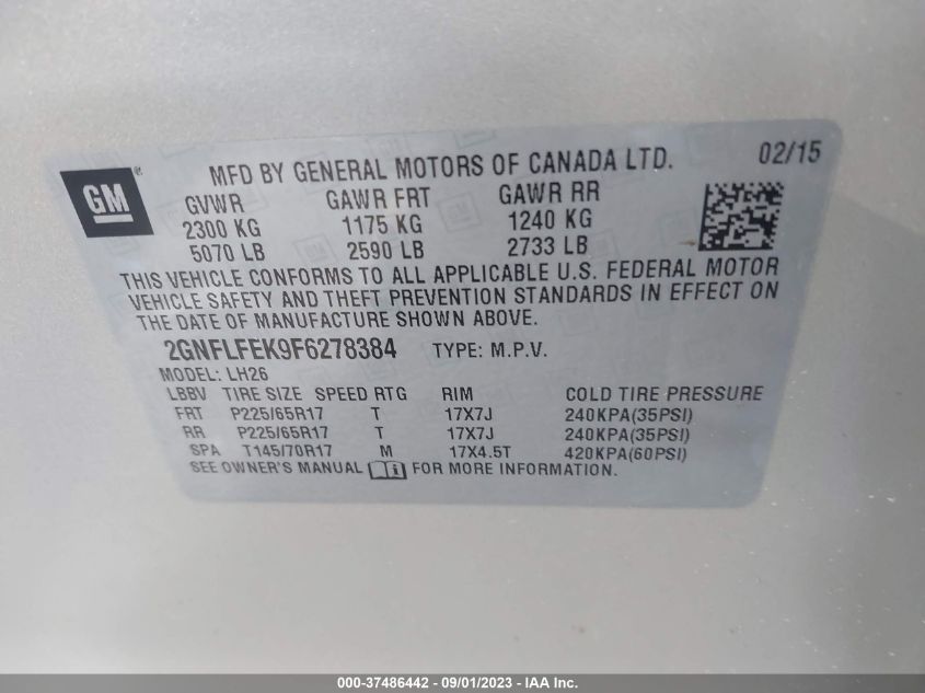 2015 CHEVROLET EQUINOX LT - 2GNFLFEK9F6278384