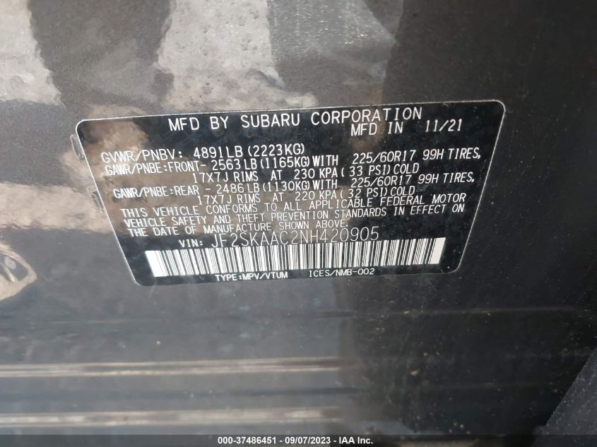 2022 SUBARU FORESTER - JF2SKAAC2NH420905
