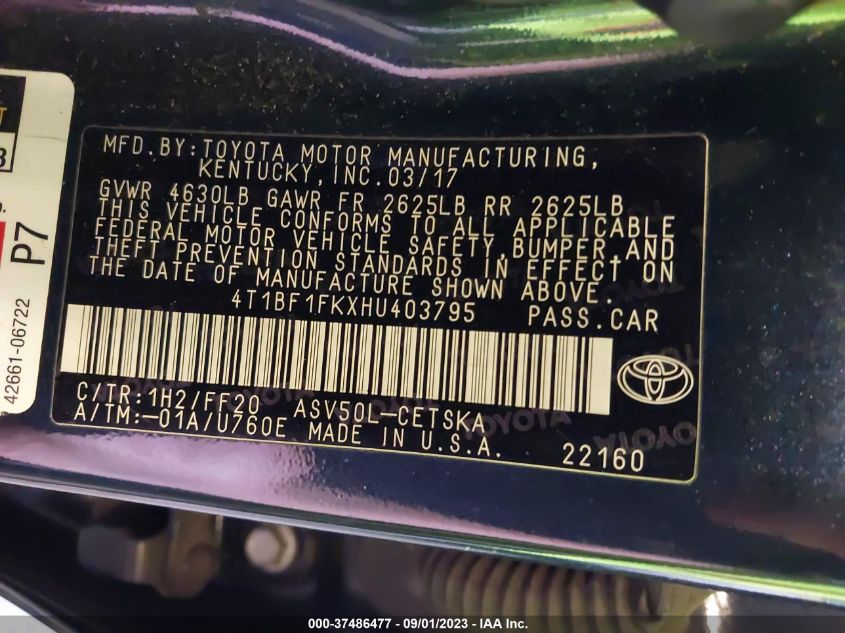 2017 TOYOTA CAMRY LE/XLE/SE/XSE - 4T1BF1FKXHU403795