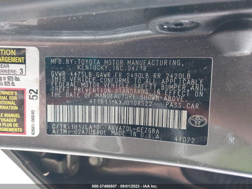 2018 TOYOTA CAMRY LE/SE/XLE/L - 4T1B11HKXJU108522
