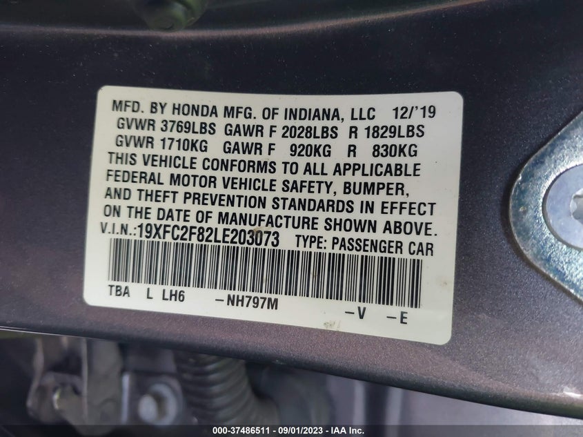 VIN 19XFC2F82LE203073 2020 HONDA CIVIC SEDAN SPORT