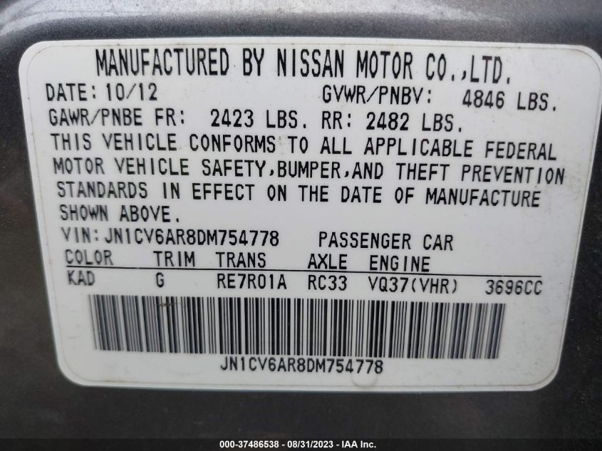 2013 INFINITI G37 SEDAN X JN1CV6AR8DM754778