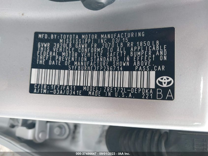 2015 TOYOTA COROLLA L/LE/S/S PLUS/LE PLUS - 5YFBURHE3FP296714