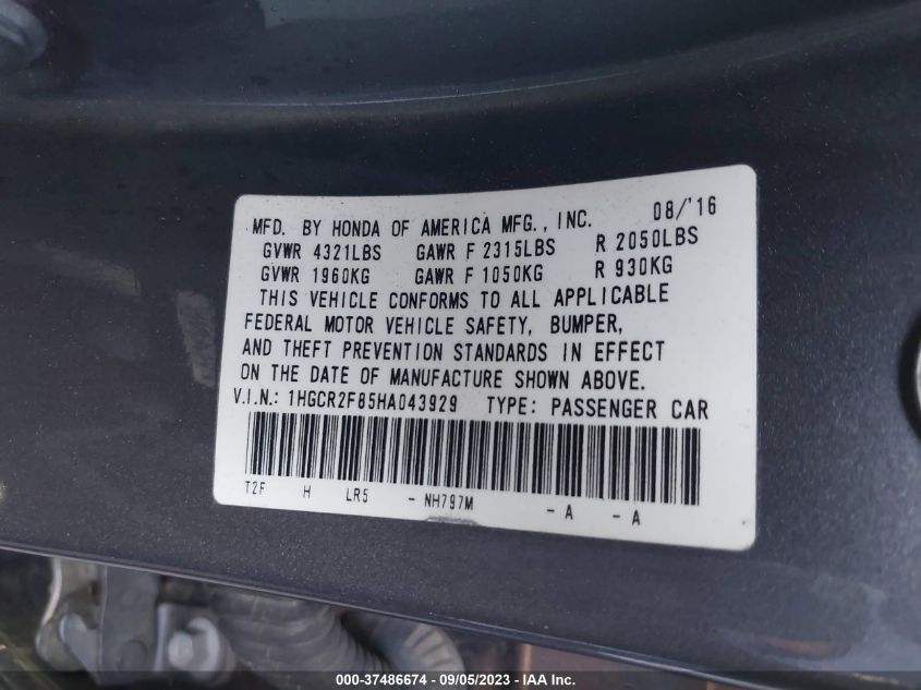 2017 HONDA ACCORD SEDAN EX-L - 1HGCR2F85HA043929