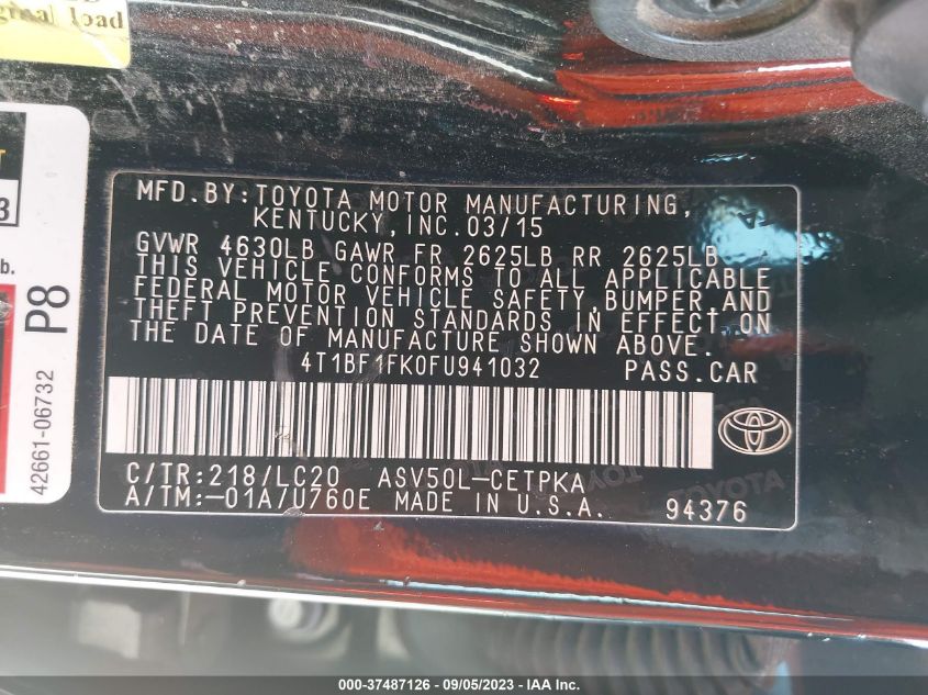 2015 TOYOTA CAMRY XLE/SE/LE/XSE - 4T1BF1FK0FU941032
