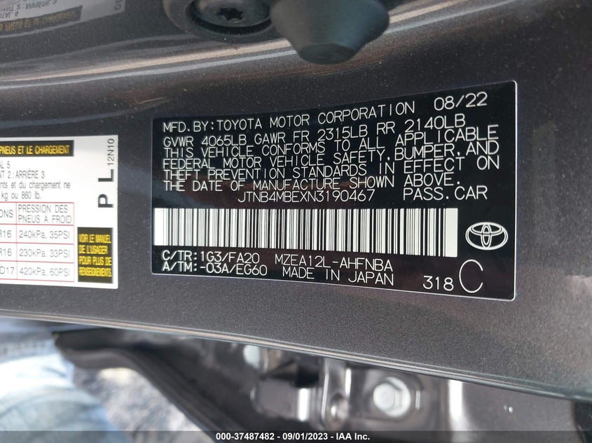 VIN JTNB4MBEXN3190467 2022 TOYOTA COROLLA HATCHBACK SE