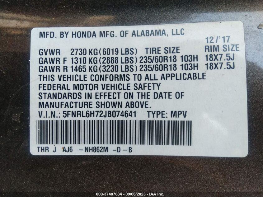 2018 HONDA ODYSSEY EX-L - 5FNRL6H72JB074641
