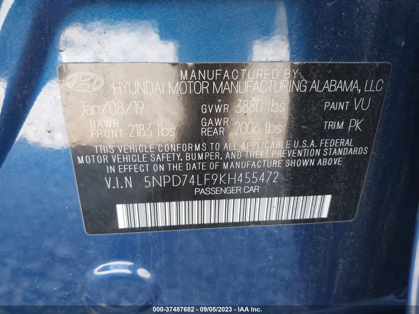 VIN 5NPD74LF9KH455472 2019 HYUNDAI ELANTRA SE