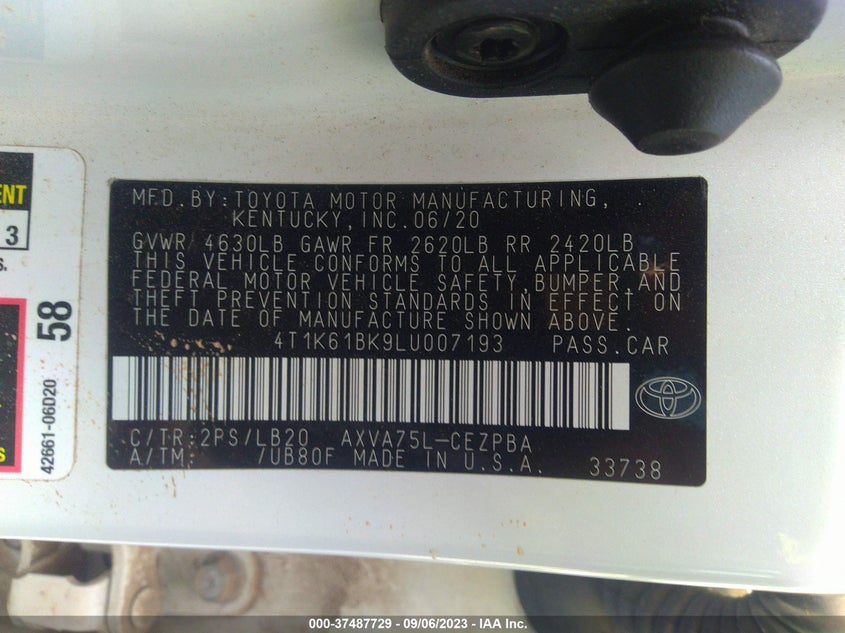 VIN 4T1K61BK9LU007193 2020 TOYOTA CAMRY XSE